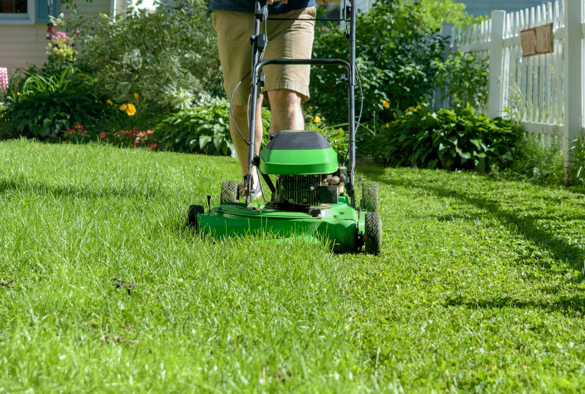 Man cutting the grass with green lawnmower